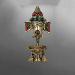 Wall Hanging Ganesh with 3 Diya and Bells Color Stone Work