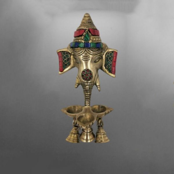 Wall Hanging Ganesh with 3 Diya and Bells Color Stone Work