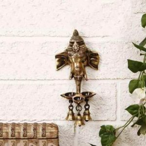 Wall Hanging Ganesh with 3 Diya and Bells Brass Finish