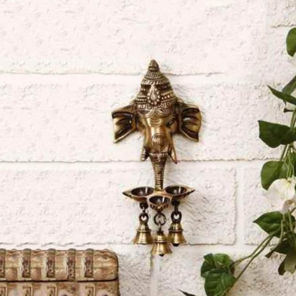 Wall Hanging Ganesh with 3 Diya and Bells Brass Finish