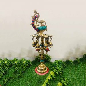 Peacock 7 Diya Stand Color Stone Work with Bells