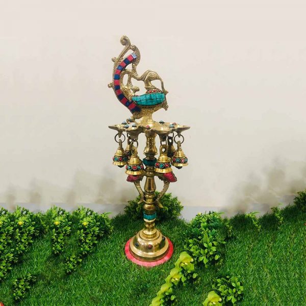 Peacock 7 Diya Stand Color Stone Work with Bells
