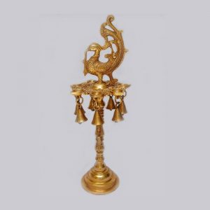 Peacock 7 Diya Stand Brass Finish with Bells