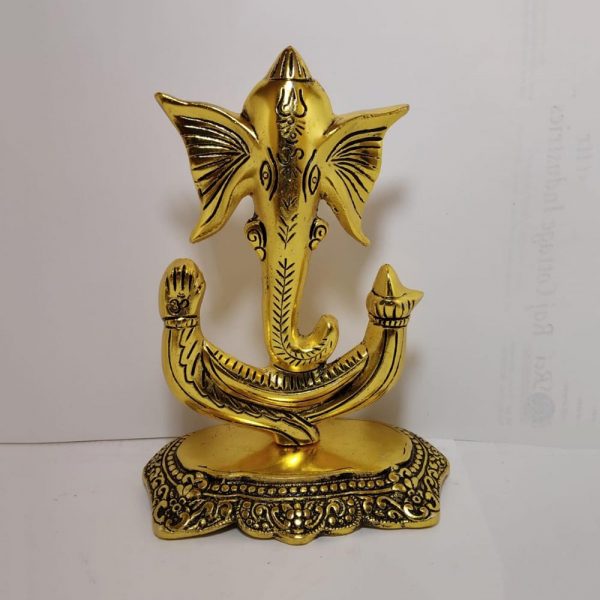 Lord Ganesha Seated Designer Brass Finish Figure