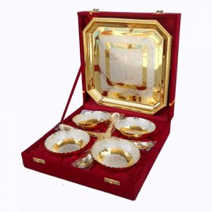 Gold & Silver Color Designer 4 Round Bowl with Square Tray & Spoons