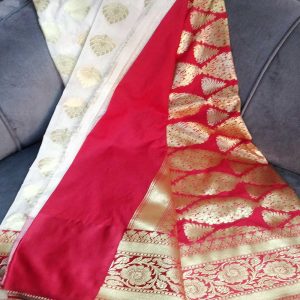 Off-White & Red Color Contrast Banarasi Art Silk Saree