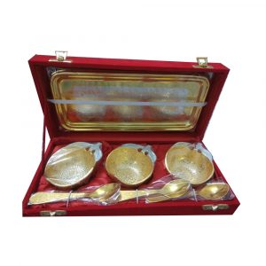 Gold & Silver Color Mango Style 2 Round Bowl With Rectangle Tray & Spoons
