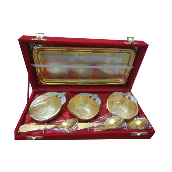 Gold & Silver Color Mango Style 2 Round Bowl With Rectangle Tray & Spoons