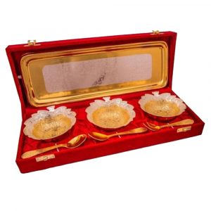 Gold & Silver Color Mango Style 2 Round Bowl With Rectangle Tray & Spoons - Image 2