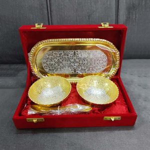 Gold & Silver Color Lotus Style 2 Round Bowl With Oval Tray & Spoons