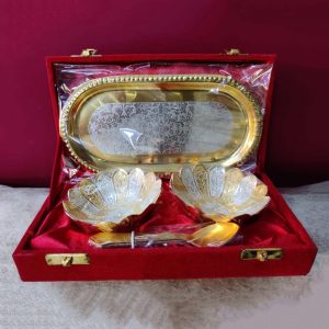 Gold & Silver Color Lotus Style 2 Round Bowl With Oval Tray & Spoons