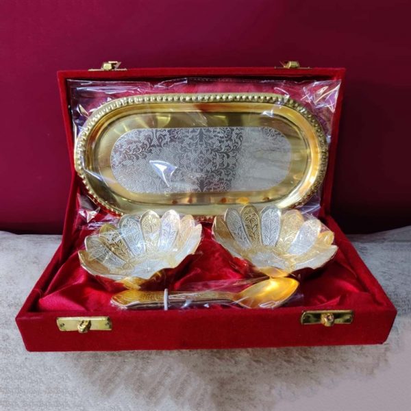 Gold & Silver Color Lotus Style 2 Round Bowl With Oval Tray & Spoons