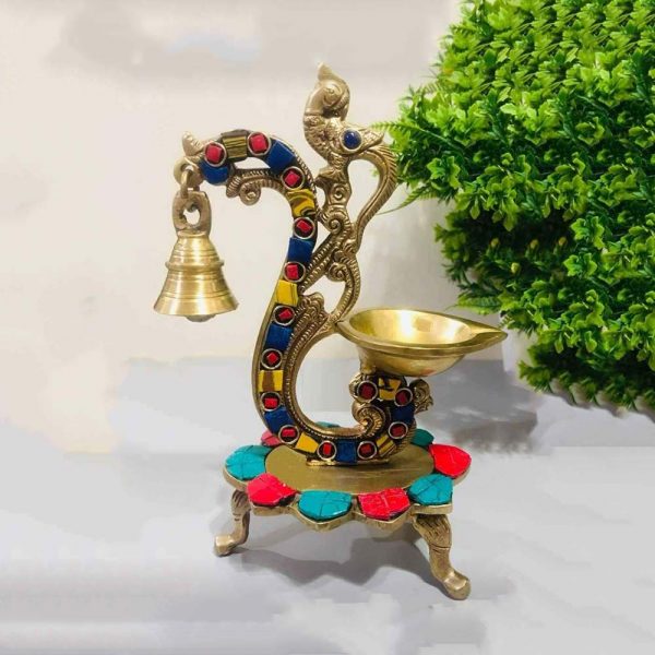 Peacock Designer Diya & Bell with Color Stone Work on Stand