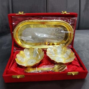 Gold & Silver Color Lotus Style 2 Round Bowl With Oval Tray & Spoons - Image 2