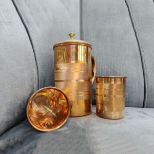 Copper Jug with Glass Pair
