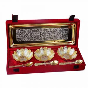Gold & Silver Color Lotus Style 3 Round Bowl With Rectangular Tray & Spoons