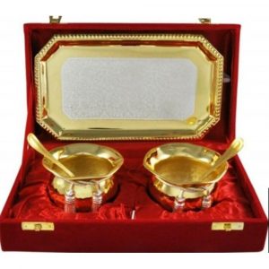 Gold Color 2 Lota Style Bowl With Rectangular Tray & Spoons - Image 2