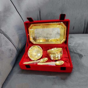 Gold Color 2 Lota Style Bowl With Rectangular Tray & Spoons