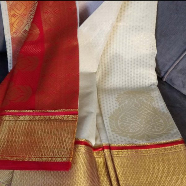 Off-White Banarasi Faux Georgette Saree Red Pallu