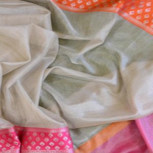 Grey Color Tissue Saree with Orange & Pink Pallu Ganga Yamuna Border - Image 3