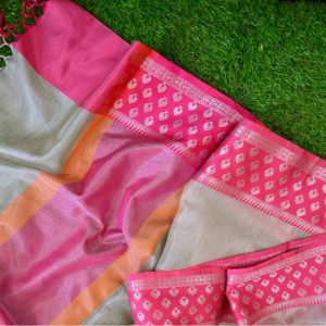 Grey Color Tissue Saree with Orange & Pink Pallu Ganga Yamuna Border