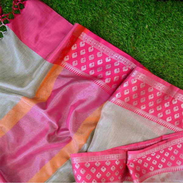 Grey Color Tissue Saree with Orange & Pink Pallu Ganga Yamuna Border