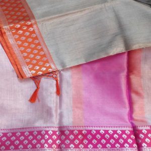 Grey Color Tissue Saree with Orange & Pink Pallu Ganga Yamuna Border - Image 2