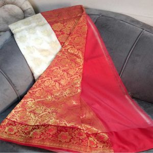 Off White & Red Banarasi Silk Saree