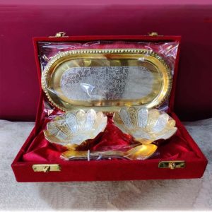Gold & Silver Color Lotus Style 2 Round Bowl With Oval Tray & Spoons