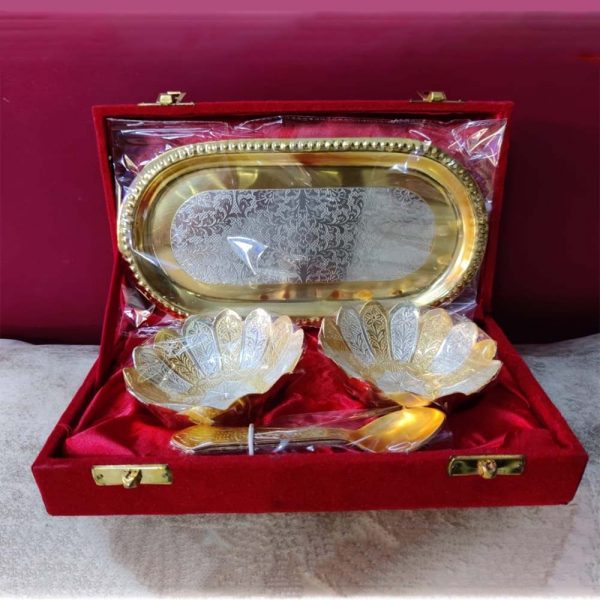 Gold & Silver Color Lotus Style 2 Round Bowl With Oval Tray & Spoons