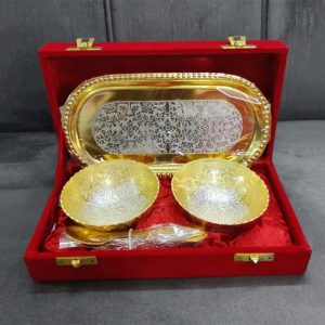 Gold & Silver Color 2 Round Bowl With Oval Tray & Spoons