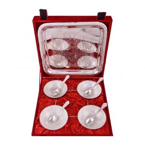 Silver Color Round Bowl With Tray & Spoons