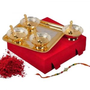Gold & Silver Color Round Bowl With Tray & Spoons