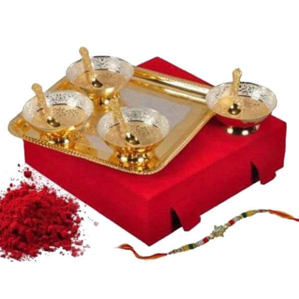 Gold & Silver Color Round Bowl With Tray & Spoons