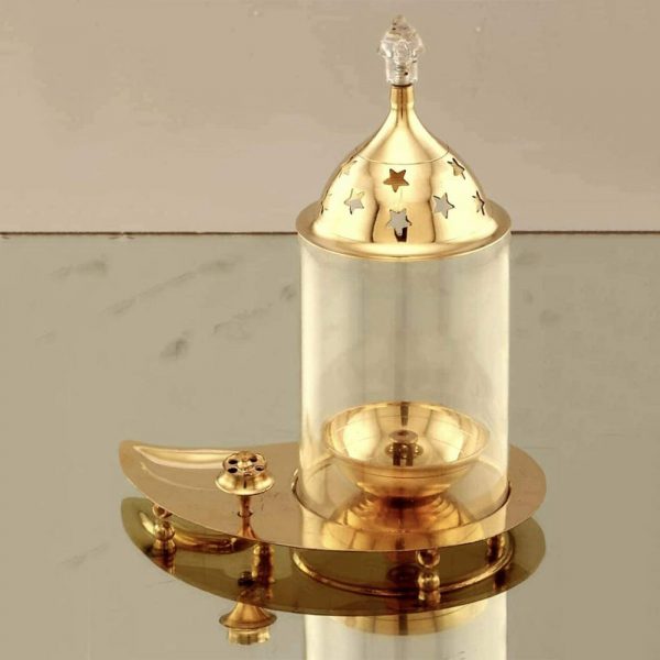 Antique Akhand Jyoti Diya With Glass lid and Stand