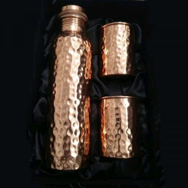 Hammered Copper Bottle with Copper Glass Pair