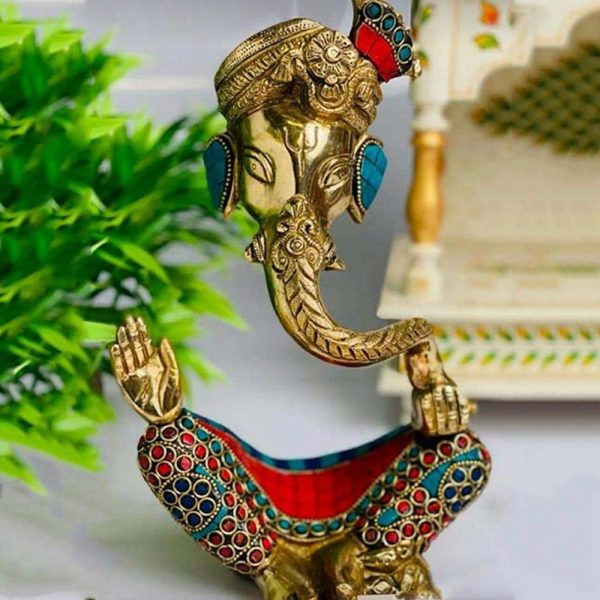 Lord Ganesha Seated Designer Color with Stone Work Figure